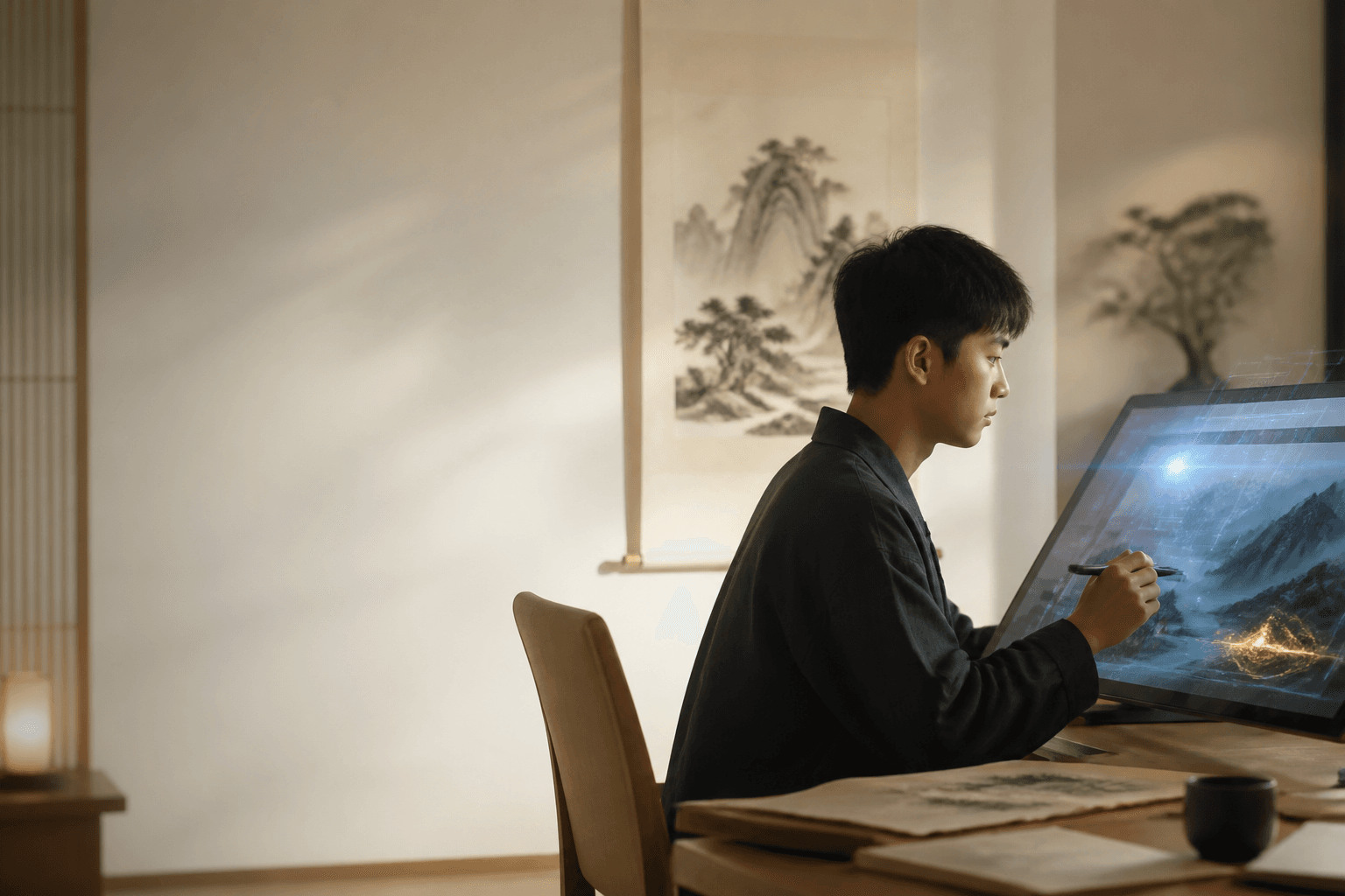 青少年在东方美学创作空间中使用 AI 进行数字绘画